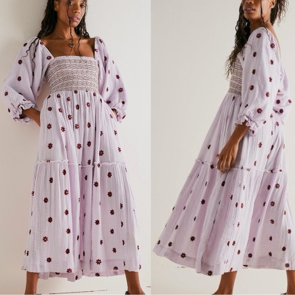 Free People Dahlia Purple Floral Embroidered Puff Sleeve Smocked Midi Dress M - Picture 3 of 9